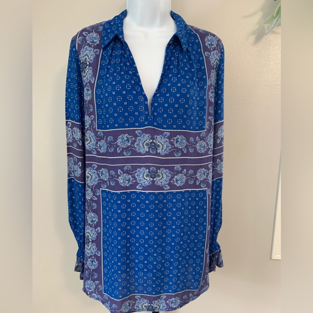 Free People Blue and Purple Patterned Blouse